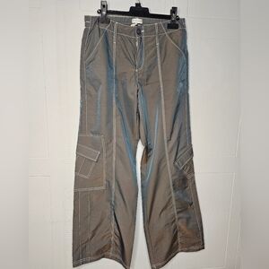 Urban Outfitters Olive Green White Stitch Shiny Wide Leg Mid Rise Cargo Pants S
